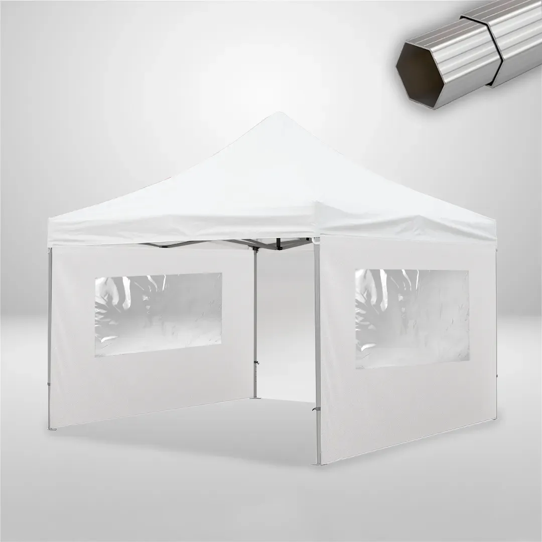 Carpa Plegable 4x4 m, Gama ELITE 57mm, 1 lateral liso y 2 laterales con ventanas, blanco