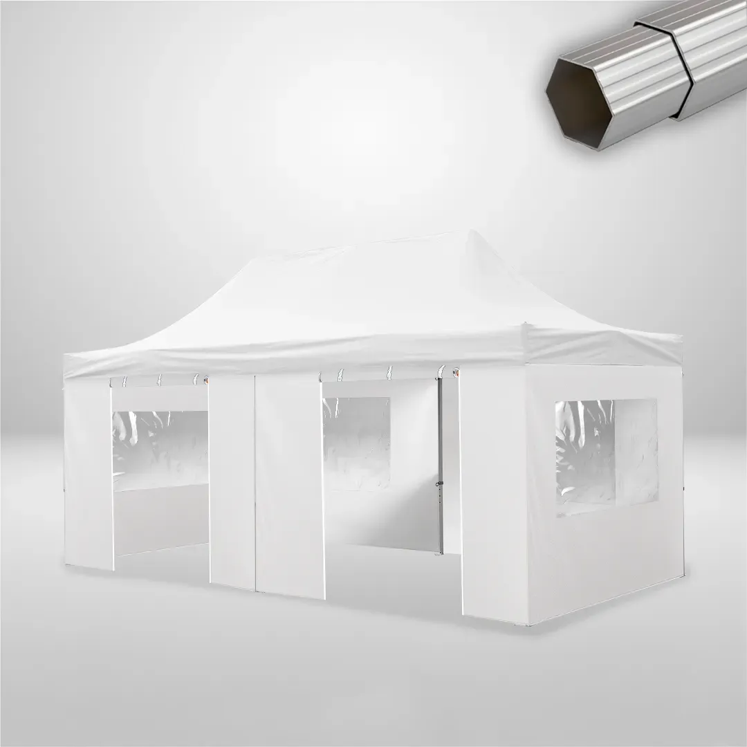 Carpa Plegable 6x3 m, Gama ELITE 57mm, 4 laterales con ventanas y 2 laterales con puerta, blanco