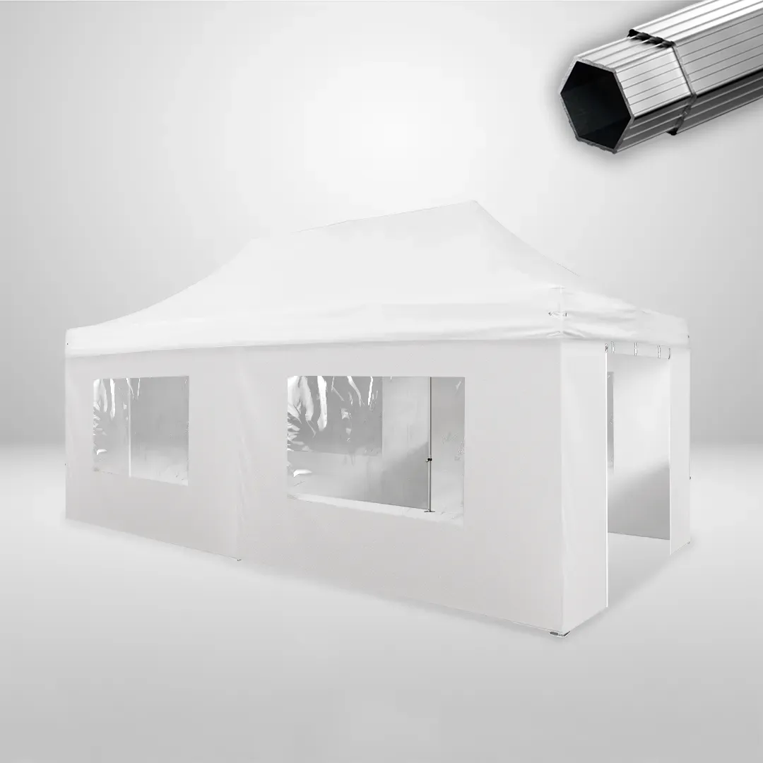 Carpa Plegable 6x3 m, Gama PLUS 45mm, 4 laterales con ventanas y 2 laterales con puerta, blanco
