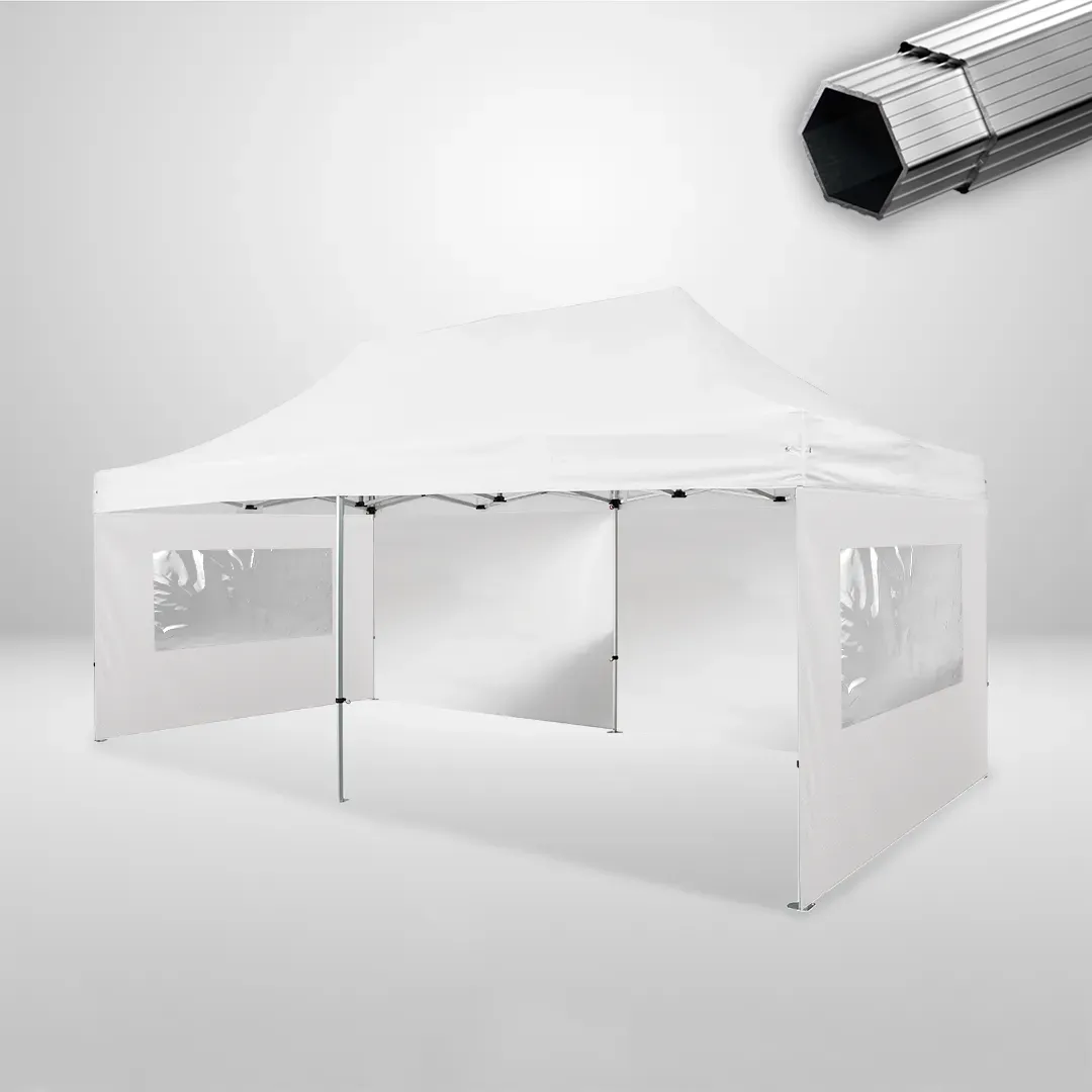Carpa Plegable 6x3 m, Gama PLUS 45mm, 2 laterales lisos y 2 laterales con ventanas, blanco