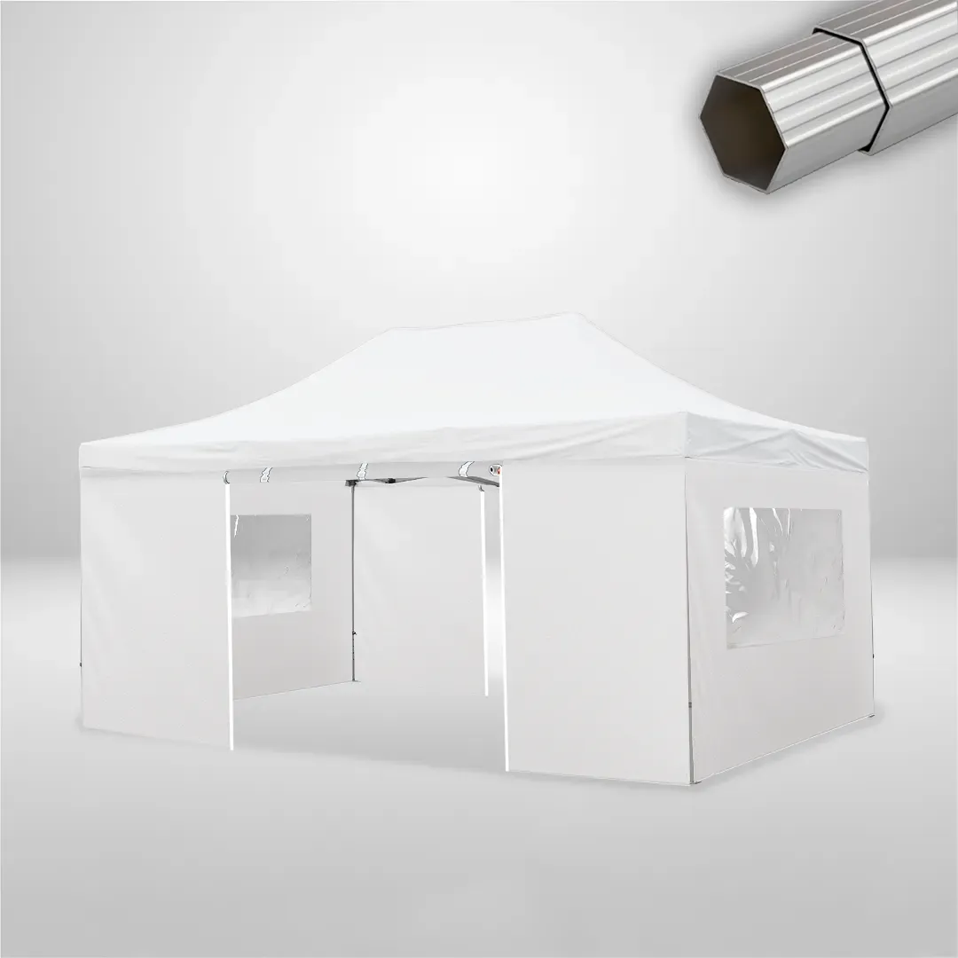 Carpa Plegable 6x4 m de 4 pilares, Gama ELITE 57mm, 2 laterales con puerta y 2 laterales con ventanas, blanco