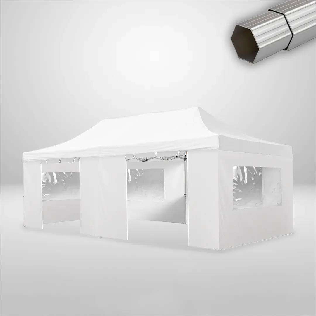 Carpa Plegable 8x4 m, Gama ELITE 57mm, 4 laterales con ventanas y 2 laterales con puerta, blanco
