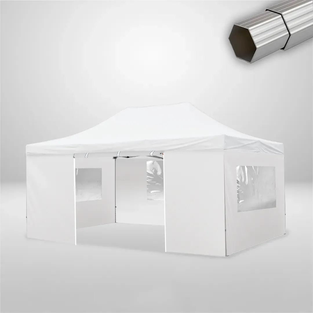 Carpa Plegable 6x4 m de 4 pilares, Gama ELITE 57mm, 3 laterales con ventanas y 1 lateral con puerta, blanco