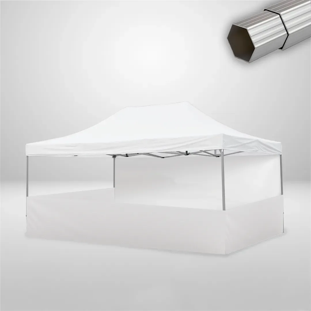 Carpa Plegable 6x4 m de 4 pilares, Gama ELITE 57mm, 1 lateral liso y 3 laterales a media altura, blanco