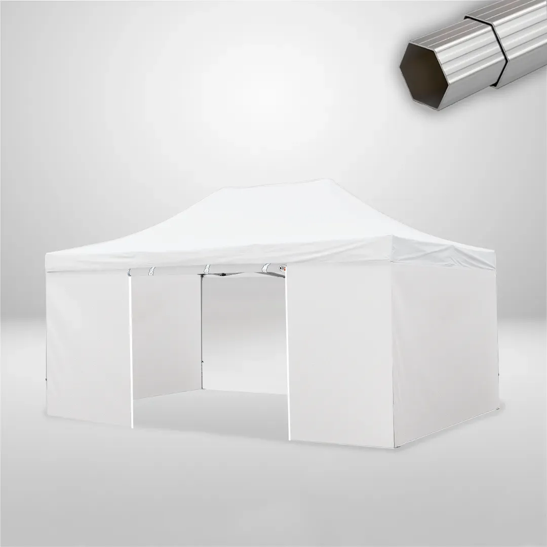 Carpa Plegable 6x4 m de 4 pilares, Gama ELITE 57mm, 3 laterales lisos y 1 lateral con puerta, blanco