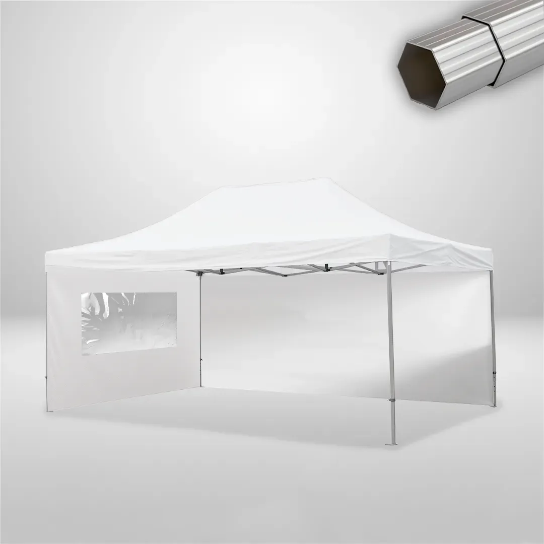 Carpa Plegable 6x4 m de 4 pilares, Gama ELITE 57mm, 1 lateral liso y 1 lateral con ventana, blanco