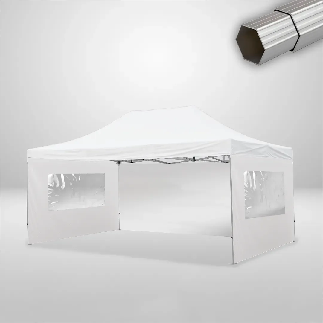 Carpa Plegable 6x4 m de 4 pilares, Gama ELITE 57mm, 1 lateral liso y 2 laterales con ventanas, blanco